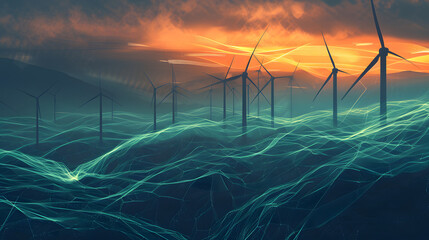 concept idea eco power energy. wind turbine on hill with sunset - obrazy, fototapety, plakaty