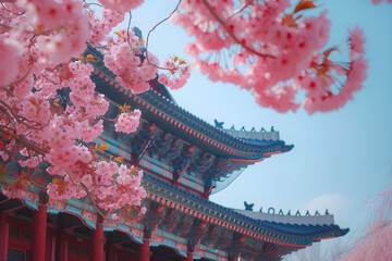 Beautiful architecture in Gyeongbokgung palace with cherry blossom at spring time in Seoul, South Korea