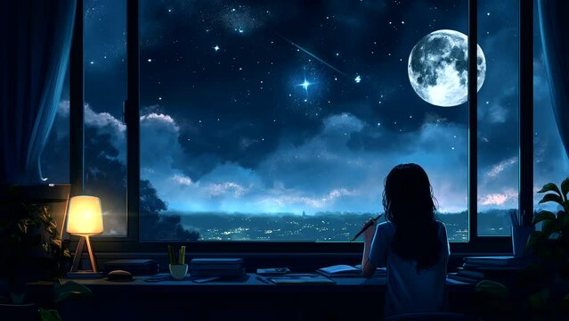 Girl looking at window with starry night sky view,for lofi background music. seamless looping 4k time-lapse animation video background