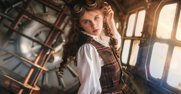 Schoolgirls in the airship cabin on the way to school, looking at the camera, dressed in Victorian steampunk style, horizontal poster about education and teaching in schools