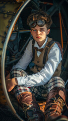 Obraz premium Vertical portrait of a teenager in a tweed suit repairing an airship, Victorian era, idea for an outfit or college party in steampunk style, back to school