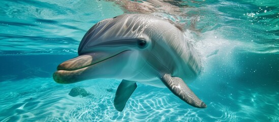 Graceful dolphin swimming in the clear ocean water with its mouth open, showcasing its beauty and elegance