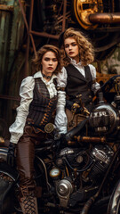 Steampunk poster, portrait of two students in tweed suits on an old motorcycle, idea for an image or a college party, vertical banner