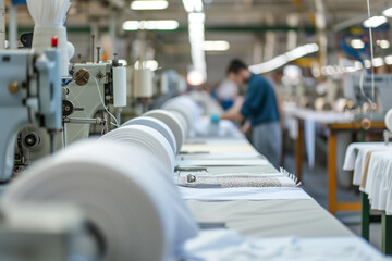Interior of a textile factory with rows of sewing machines and fabric rolls, workers focusing on garment production, soft lighting to capture the detail and craftsmanship in the industry