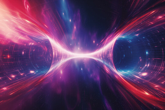 Wormhole connecting two different points in the universe, a bright tunnel of energy between two disparate cosmic landscapes, emphasizing the bridge-like nature of wormholes in theoretical physics