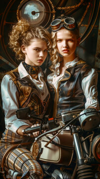 Two college friends on an old motorcycle, vintage steampunk style, idea for a college look or party, vertical poster