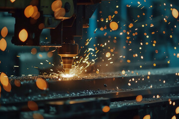 Close-up of machinery in action within a steel manufacturing plant, sparks flying as metal is forged, highlighting the power and precision of industrial processes