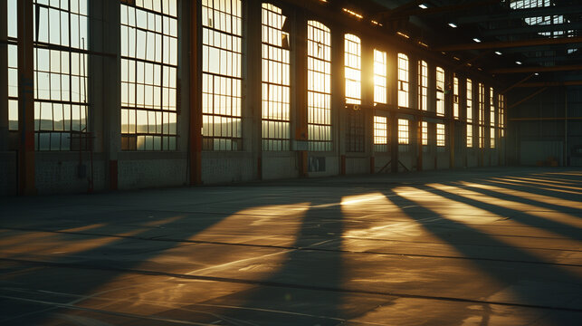 Empty warehouse at dusk, with the last rays of sun casting long shadows across the floor, conveying a sense of closure and the end of a working day