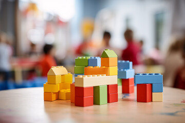 Children day care center, kindergarten or preschool with building bricks and blurry playing...