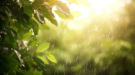 A landscape after rain, with water droplets on fresh leaves and the sun breaking through clouds, conveying the theme of cleansing and renewal - obrazy, fototapety, plakaty