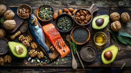 Assortment of foods high in omega-3 fatty acids including walnuts, chia seeds, and avocados arranged on a rustic table, showcasing the variety of sources