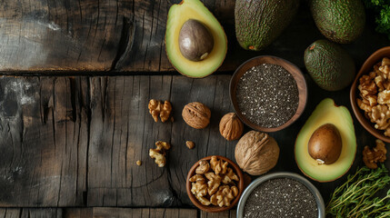 Assortment of foods high in omega-3 fatty acids including walnuts, chia seeds, and avocados arranged on a rustic table, showcasing the variety of sources