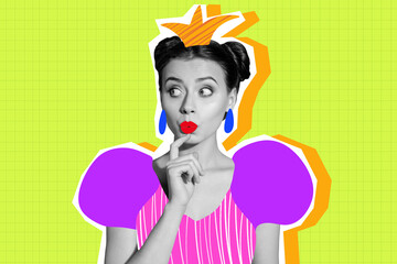 Creative retro 3d magazine collage image of tricky funny princess lady looking empty space isolated colorful neon background