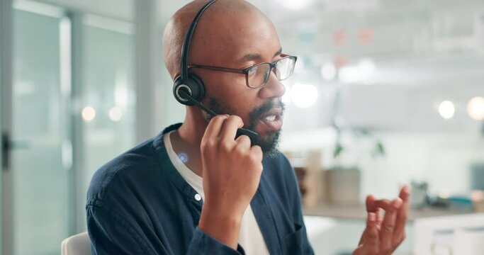 Business, telemarketing and customer service with black man, communication and connection in workplace. African person, employee or insurance agent with help or tech support with consultant or advice