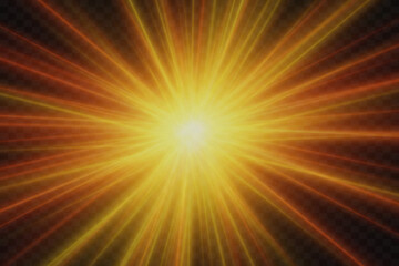 Bright light effect. Flash of a star and flare, explosion, sparkle, sunlight. Magic light rays.