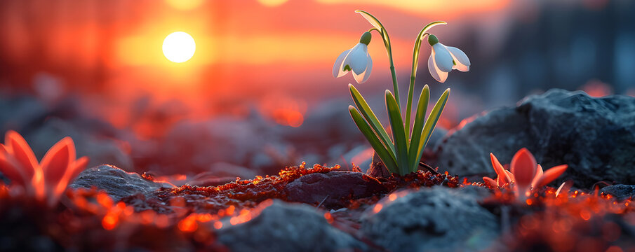 Snowdrops flowers in the snow in garden or forest. First wild flower in sunlight. Spring concept. Floral background for greeting card, banner, Women's day with copy space