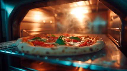 Foto op Canvas Neapolitan homemade pizza margarita from the brick oven. Napoleon Italian Pizza with fresh mozzarella and basil leaves. Generative AI © Shi 
