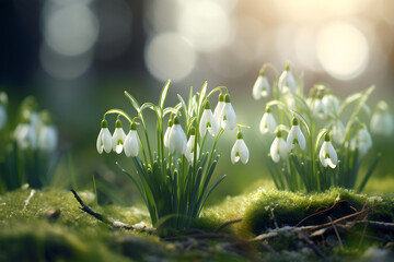Snowdrops flowers in the snow in garden or forest. First wild flower in sunlight. Spring concept. Floral background for greeting card, banner, Women's day with copy space