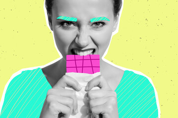 Photo collage artwork minimal picture of funky addicted lady biting chocolate bar isolated yellow...