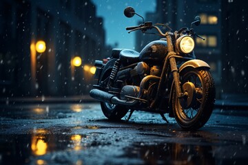 a motorcycle parked on a wet street