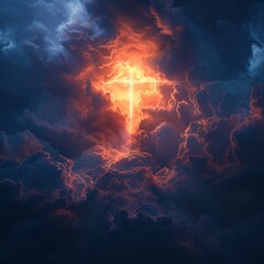 Dramatic Easter Cross Illuminated by Sun Amid Storm Clouds.