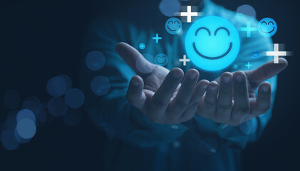 Mental health positive thinking and growth mindset. Hands holding blue happy smile face icon good...