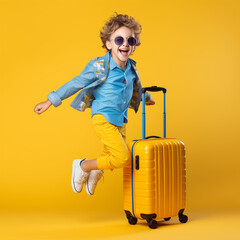 Full body photo of funny little boy, happy boy in sunglasses carrying his yellow suitcase jumping and having fun on yellow background.