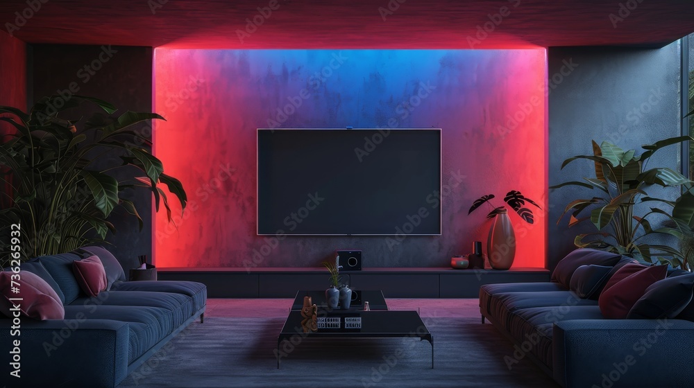 Wall mural Interior of living room with sofa, TV and plants