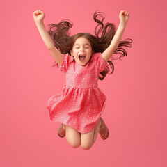 Full body image of funny little girl, happy little girl jumping and having fun on pink background
