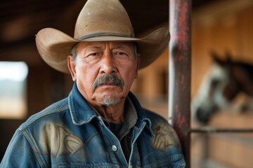 American cowboy standing in stables portrayed in portrait