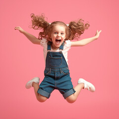 Full body image of funny little girl, happy little girl jumping and having fun on pink background