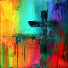 Colorful painting art of an abstract background with cross. Christian illustration