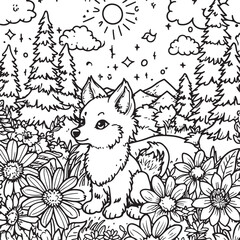 Cute kids coloring page. Landscape with sun, clouds, mountains, field, trees, bushes and flowers. Vector hand-drawn illustration in doodle style. Cartoon coloring book for children