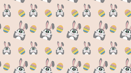 Seamless pattern with bunny rabbit cartoons and eggs, background vector illustration. Easter bunny.  grimacing rabbit. Colorful eggs. tongue-tied rabbit - Stock vector