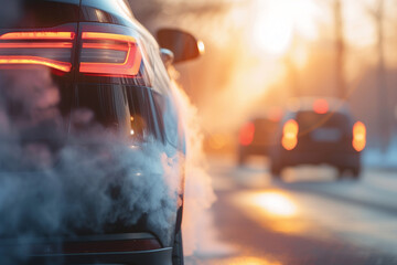 Close-up of car exhaust fumes being emitted from a tailpipe, capturing the detail of the smoke against a blurred urban background, highlighting the environmental impact of vehicle emissions