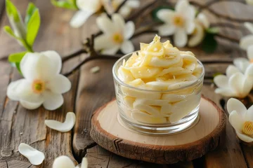 Outdoor kussens Banana magnolia dessert served in a glass cup on a wooden background © The Big L
