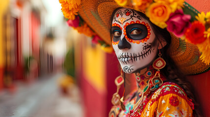 Portrait of a woman wearing Day of the Dead costumes and skull makeup. Generative Ai