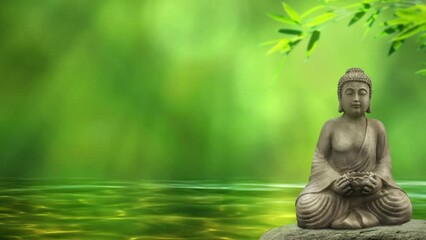 buddha statue on a rock isolated on green blurred background with lightened soft flowing water wave, abstract beauty spa background with asian spirit