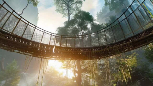 Animated image shows a 360 degree panoramic view of of an illustrated jungle. A rope bridge leads over a river. Waterfalls and tropical plants. A small monkey sits on the rocks.