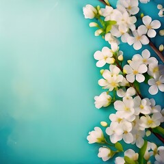 spring banner with flowers and place for text. delicate pastel color - blue, green, white.