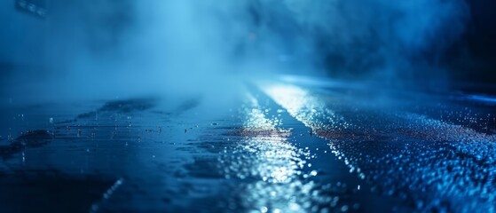 Dark street, wet asphalt, reflections of rays in the water. Abstract dark blue background, smoke, smog - 736268151