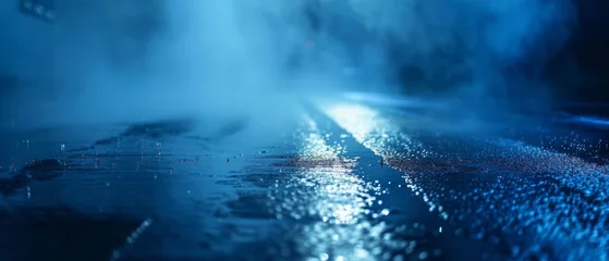 Foto op Aluminium Dark street, wet asphalt, reflections of rays in the water. Abstract dark blue background, smoke, smog © Artem