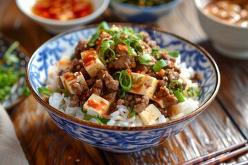 Asian style Mapo Tofu is a traditional Sichuan dish made with silken tofu ground beef and spicy mala flavor from chili oil and Sichuan peppercorns - obrazy, fototapety, plakaty