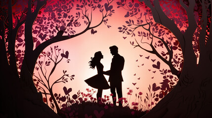 paper cut  of two man and woman couple lover silhouette in love in flower blossom