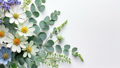 Gałązki eukaliptusa, pędy i kwiaty na białym tle. Naturalne tło z miejscem na tekst