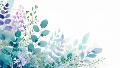 Gałązki eukaliptusa, pędy i kwiaty na białym tle. Naturalne tło z miejscem na tekst - obrazy, fototapety, plakaty