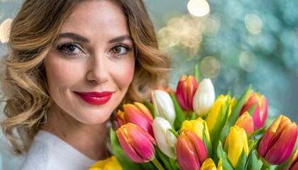 Portret kobiety z tulipanami. Dzień Kobiet - obrazy, fototapety, plakaty