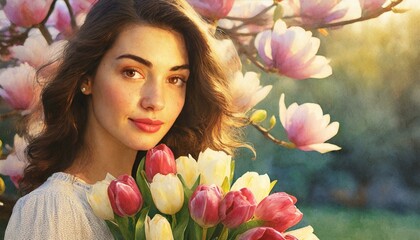 Portret młodej kobiety z bukietem tulipanów. W tle kwitnące drzewo magnolii. Dzień kobiet,...