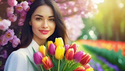 Fototapeta premium Portret młodej kobiety z bukietem tulipanów. W tle kwitnące drzewo. Dzień kobiet, wiosenne tło