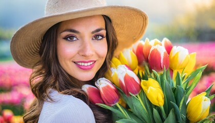 Portret kobiety z tulipanami. Dzień Kobiet - obrazy, fototapety, plakaty